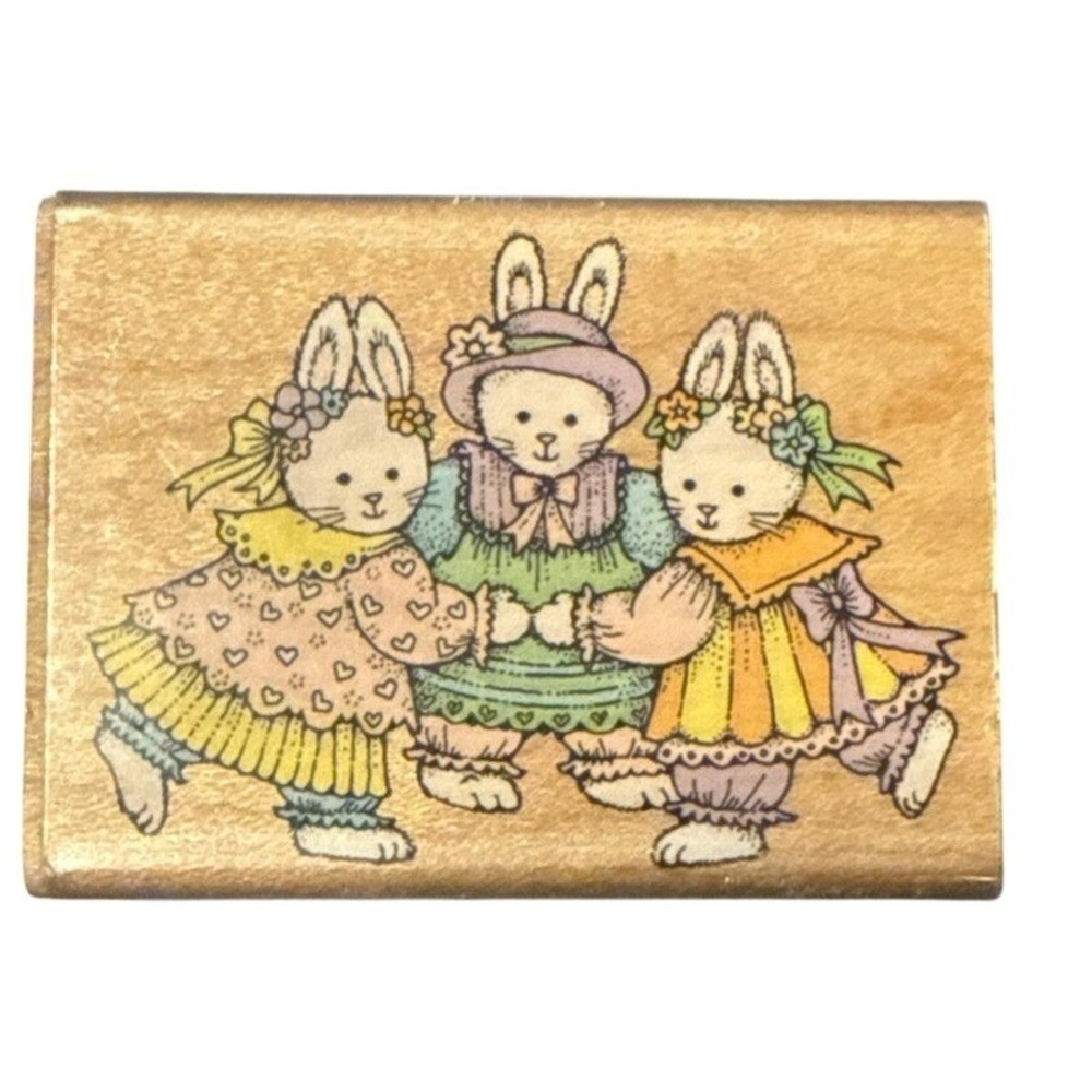Vintage Hero Arts E 570 Dancing Bunnies Trio Rubber Stamp 1991
